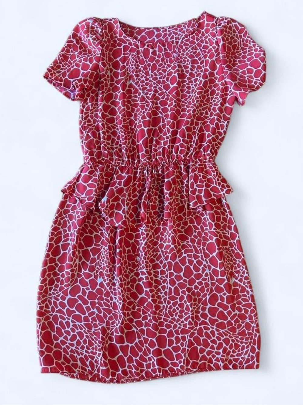 Coral-Red Giraffe-Print Casual Peplum Waist Dress